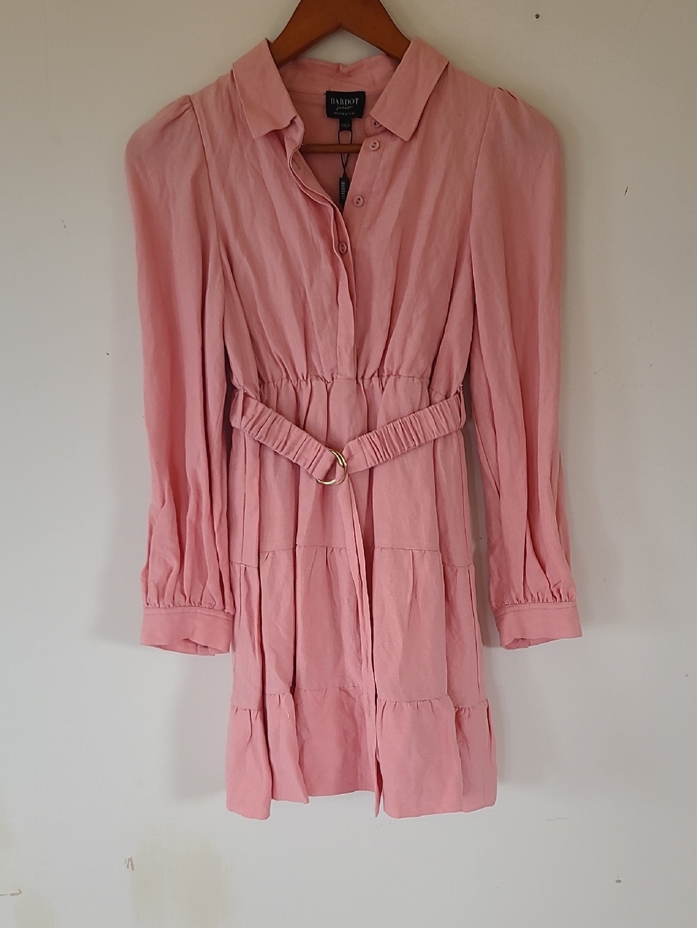 Bardot Jr Blush Pink Belted Tiered Long-Sleeve Shirt Dress. 14